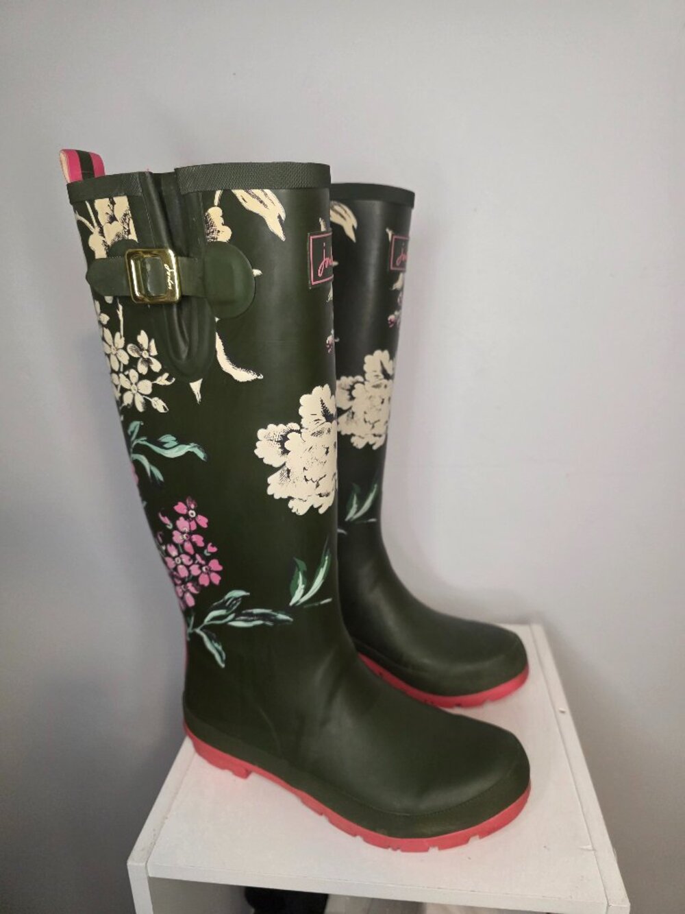 Joules Floral Womens Buckle Trim Rubber Rain Boots 16" Tall Size 8